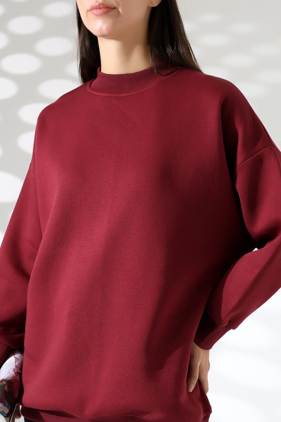 Yarım Balıkçı Yaka Şardonlu Salaş Basic Kadın Oversize Tunik Sweatshirt 21910 BORDO