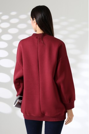 Yarım Balıkçı Yaka Şardonlu Salaş Basic Kadın Oversize Tunik Sweatshirt 21910 BORDO