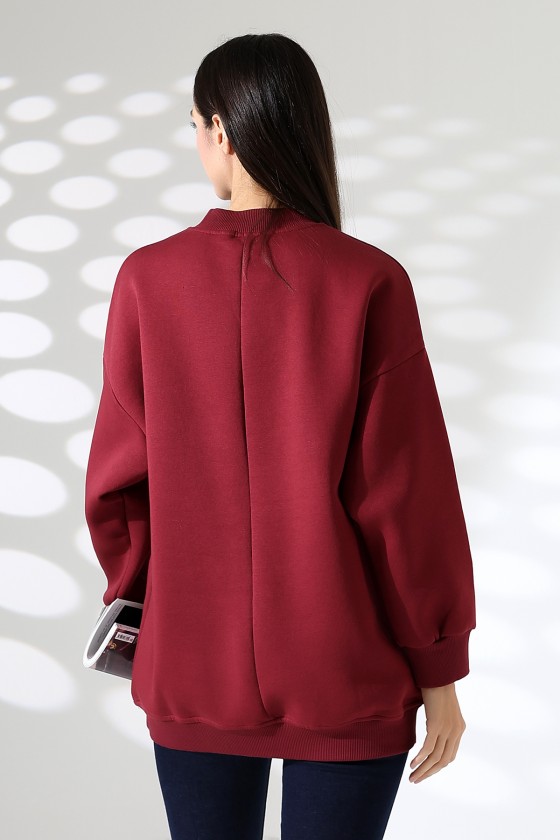 Yarım Balıkçı Yaka Şardonlu Salaş Basic Kadın Oversize Tunik Sweatshirt 21910 BORDO