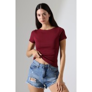 Ribana Kumaş Kayık Yaka Kısa Kol Basic Kadın T-Shirt 21996 BORDO
