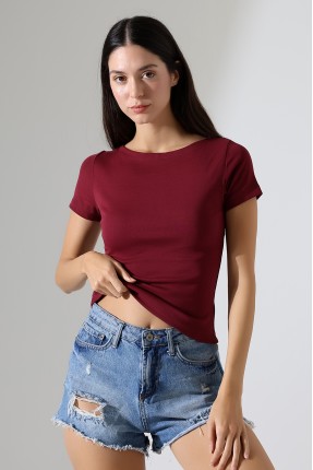 Ribana Kumaş Kayık Yaka Kısa Kol Basic Kadın T-Shirt 21996 BORDO