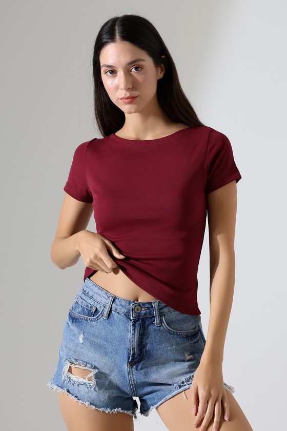 Ribana Kumaş Kayık Yaka Kısa Kol Basic Kadın T-Shirt 21996 BORDO