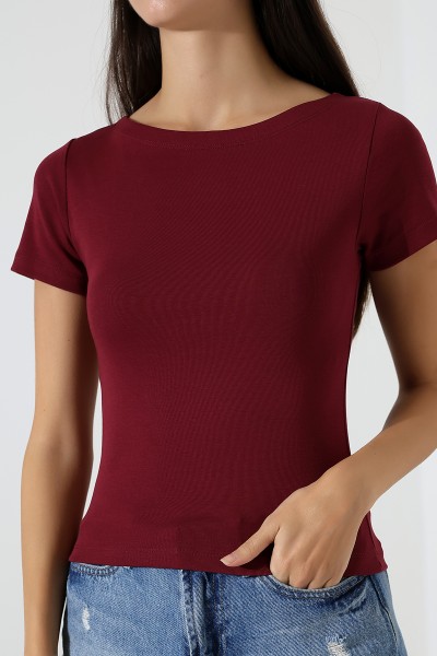 Ribana Kumaş Kayık Yaka Kısa Kol Basic Kadın T-Shirt 21996 BORDO