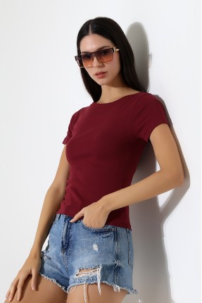 Ribana Kumaş Kayık Yaka Kısa Kol Basic Kadın T-Shirt 21996 BORDO