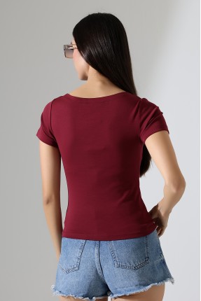 Ribana Kumaş Kayık Yaka Kısa Kol Basic Kadın T-Shirt 21996 BORDO