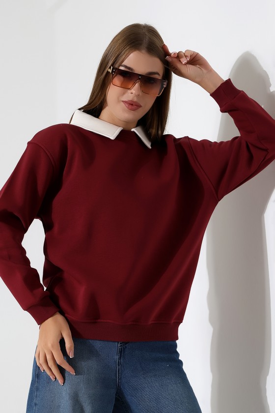 Relax Rahat Salaş Geniş Kesim Gömlek Yaka Pamuklu Kadın Sweatshirt 21985 BORDO