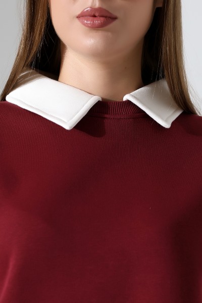 Relax Rahat Salaş Geniş Kesim Gömlek Yaka Pamuklu Kadın Sweatshirt 21985 BORDO
