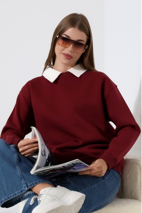 Relax Rahat Salaş Geniş Kesim Gömlek Yaka Pamuklu Kadın Sweatshirt 21985 BORDO