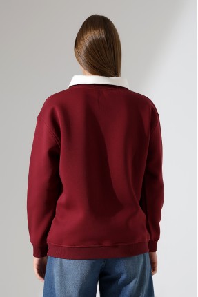 Relax Rahat Salaş Geniş Kesim Gömlek Yaka Pamuklu Kadın Sweatshirt 21985 BORDO