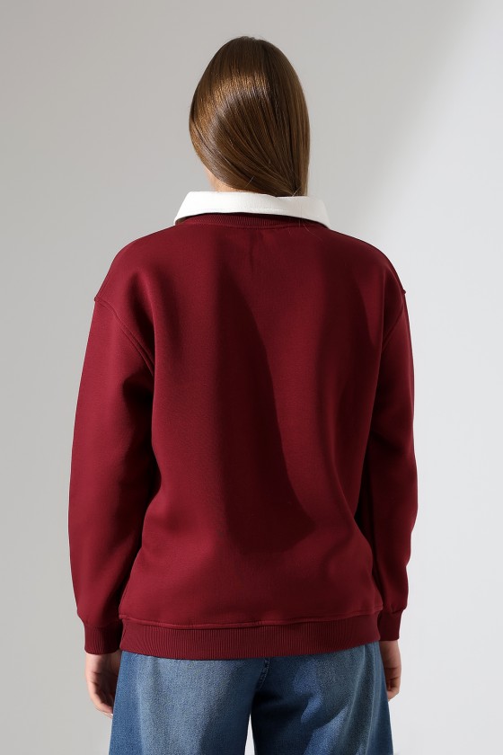Relax Rahat Salaş Geniş Kesim Gömlek Yaka Pamuklu Kadın Sweatshirt 21985 BORDO