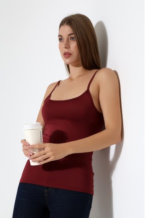 Slim Fit Dar Kesim İnce Askılı U Yaka Yumuşak Dokulu Basic Kadın Body Atlet 22001 BORDO