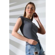 Penye Likralı Ribana Dikiş Detaylı Reglan Kol Pamuklu T-Shirt 21890 BOYALI GRİ