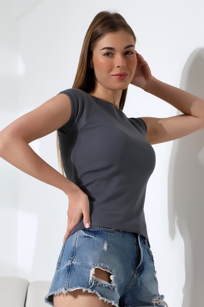 Penye Likralı Ribana Dikiş Detaylı Reglan Kol Pamuklu T-Shirt 21890 BOYALI GRİ