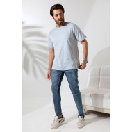 Erkek %100 Pamuklu Penye Kompakt Bisiklet Yaka Comfort Fit Basic T-Shirt 21751 BUZ MAVİ