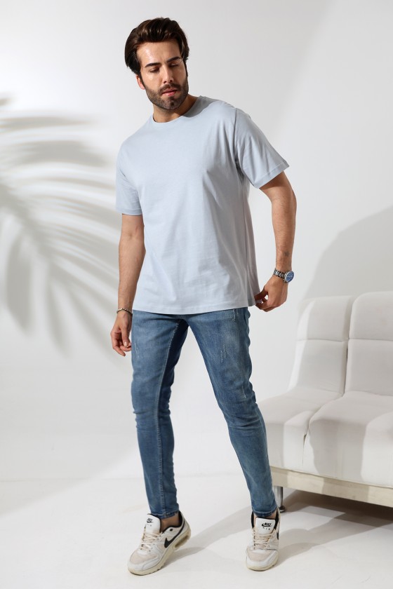 Erkek %100 Pamuklu Penye Kompakt Bisiklet Yaka Comfort Fit Basic T-Shirt 21751 BUZ MAVİ