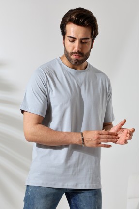 Erkek %100 Pamuklu Penye Kompakt Bisiklet Yaka Comfort Fit Basic T-Shirt 21751 BUZ MAVİ