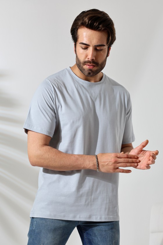 Erkek %100 Pamuklu Penye Kompakt Bisiklet Yaka Comfort Fit Basic T-Shirt 21751 BUZ MAVİ