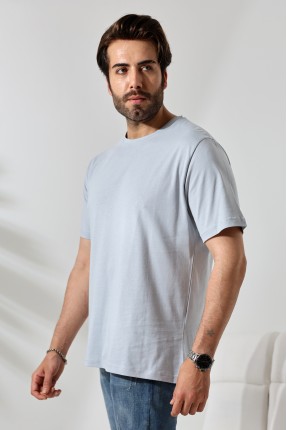 Erkek %100 Pamuklu Penye Kompakt Bisiklet Yaka Comfort Fit Basic T-Shirt 21751 BUZ MAVİ