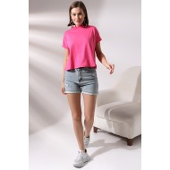 Dik Yaka Pamuklu T-shirt 19588 AÇIK FUŞYA