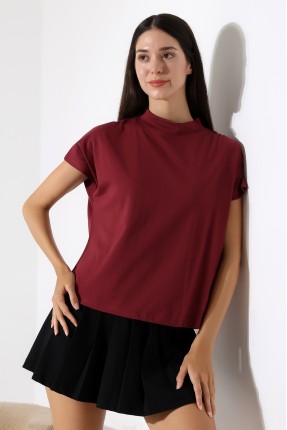 Dik Yaka Pamuklu T-shirt 19588 BORDO