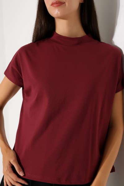 Dik Yaka Pamuklu T-shirt 19588 BORDO