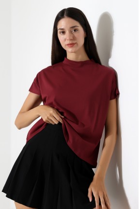 Dik Yaka Pamuklu T-shirt 19588 BORDO