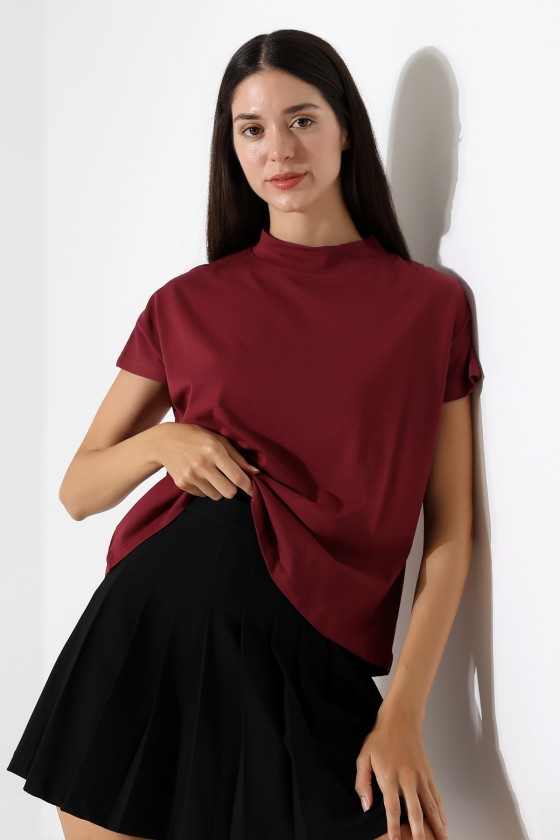 Dik Yaka Pamuklu T-shirt 19588 BORDO