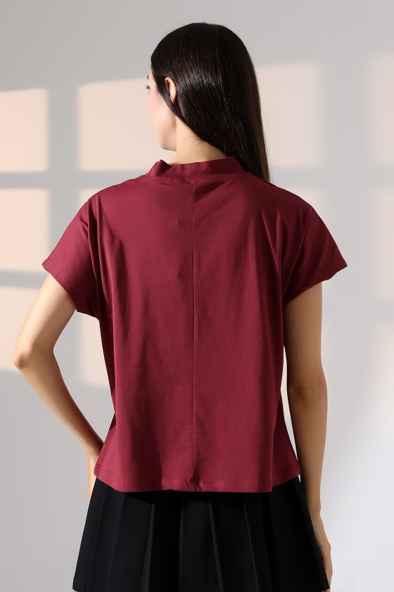 Dik Yaka Pamuklu T-shirt 19588 BORDO