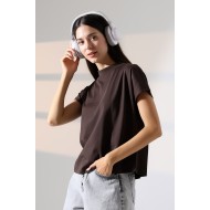 Dik Yaka Pamuklu T-shirt 19588 KAHVE