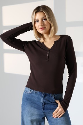 Düğmeli V Yaka Uzun Kollu Pamuklu Basic Kadın T-Shirt 21926 KAHVE