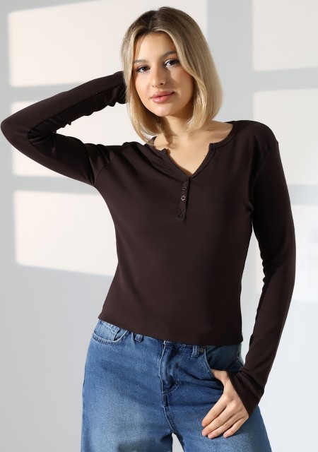 Düğmeli V Yaka Uzun Kollu Pamuklu Basic Kadın T-Shirt 21926 KAHVE