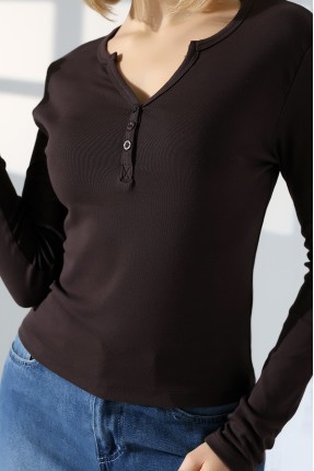 Düğmeli V Yaka Uzun Kollu Pamuklu Basic Kadın T-Shirt 21926 KAHVE