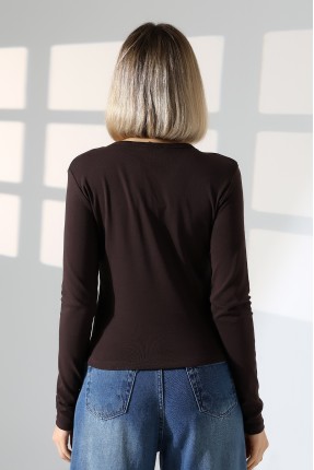 Düğmeli V Yaka Uzun Kollu Pamuklu Basic Kadın T-Shirt 21926 KAHVE
