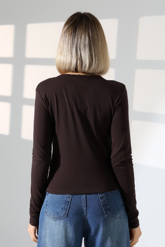 Düğmeli V Yaka Uzun Kollu Pamuklu Basic Kadın T-Shirt 21926 KAHVE