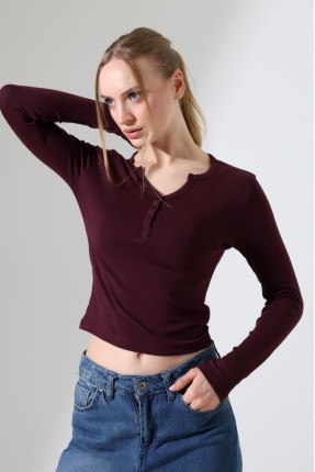 Düğmeli V Yaka Uzun Kollu Pamuklu Basic Kadın T-Shirt 21926 MÜRDÜM
