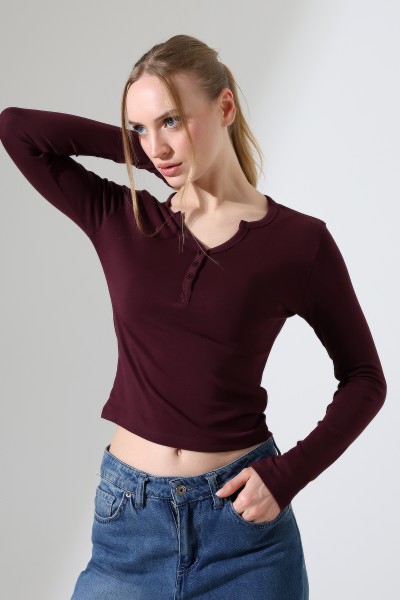Düğmeli V Yaka Uzun Kollu Pamuklu Basic Kadın T-Shirt 21926 MÜRDÜM