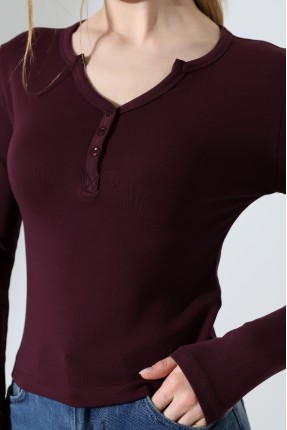 Düğmeli V Yaka Uzun Kollu Pamuklu Basic Kadın T-Shirt 21926 MÜRDÜM