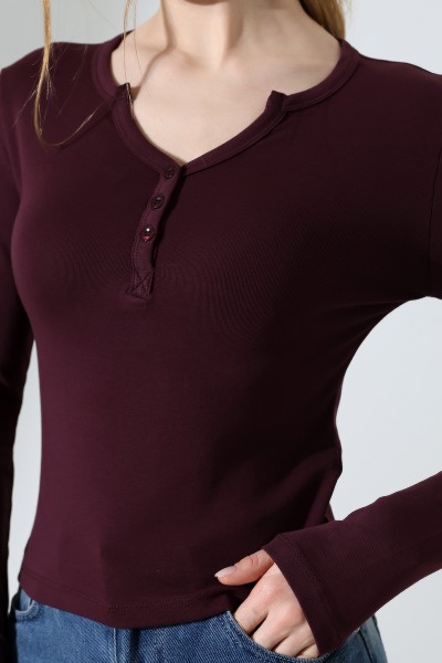 Düğmeli V Yaka Uzun Kollu Pamuklu Basic Kadın T-Shirt 21926 MÜRDÜM