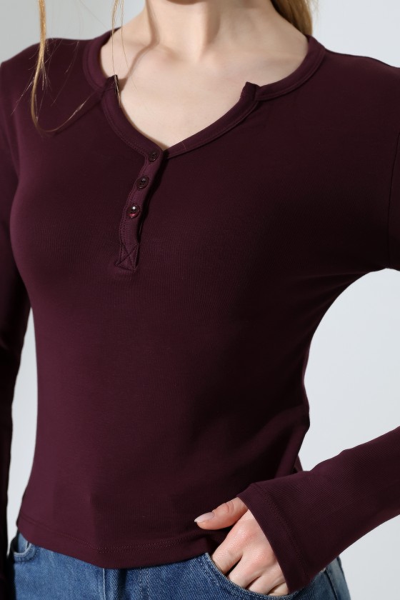 Düğmeli V Yaka Uzun Kollu Pamuklu Basic Kadın T-Shirt 21926 MÜRDÜM