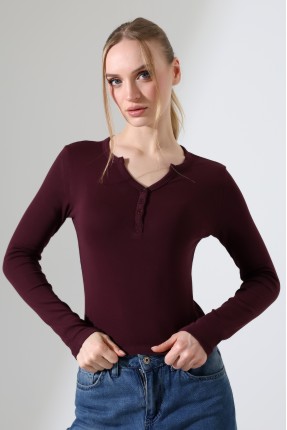 Düğmeli V Yaka Uzun Kollu Pamuklu Basic Kadın T-Shirt 21926 MÜRDÜM