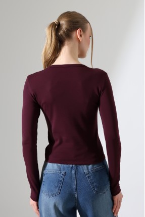 Düğmeli V Yaka Uzun Kollu Pamuklu Basic Kadın T-Shirt 21926 MÜRDÜM