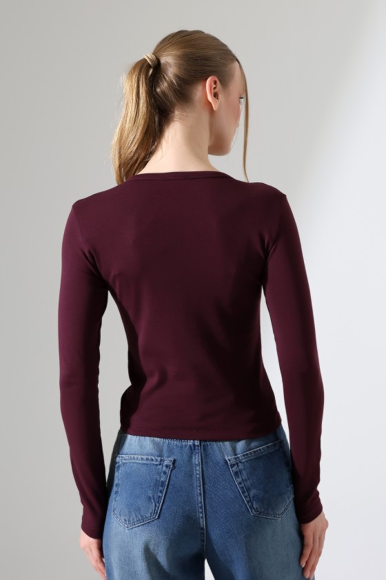 Düğmeli V Yaka Uzun Kollu Pamuklu Basic Kadın T-Shirt 21926 MÜRDÜM