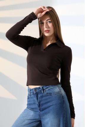 Düğmesiz Gömlek Yaka Uzun Kol Basic Kadın T-Shirt 21938 KAHVE