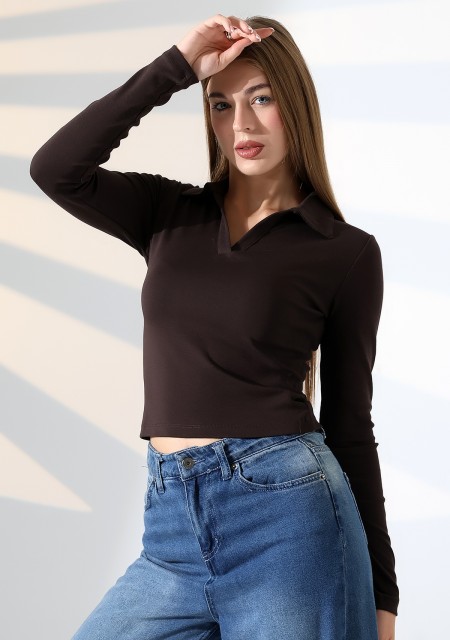 Düğmesiz Gömlek Yaka Uzun Kol Basic Kadın T-Shirt 21938 KAHVE