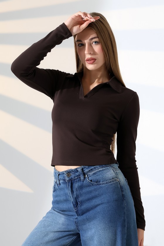 Düğmesiz Gömlek Yaka Uzun Kol Basic Kadın T-Shirt 21938 KAHVE
