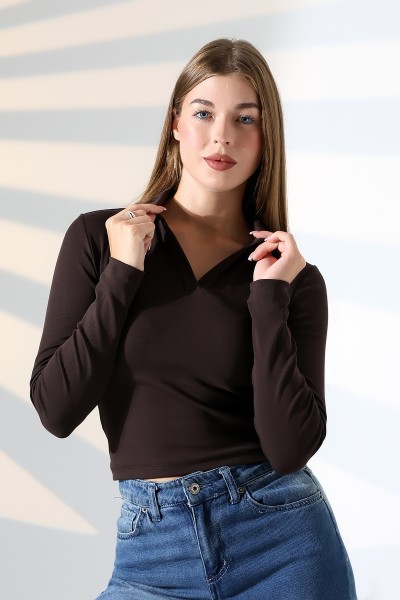 Düğmesiz Gömlek Yaka Uzun Kol Basic Kadın T-Shirt 21938 KAHVE
