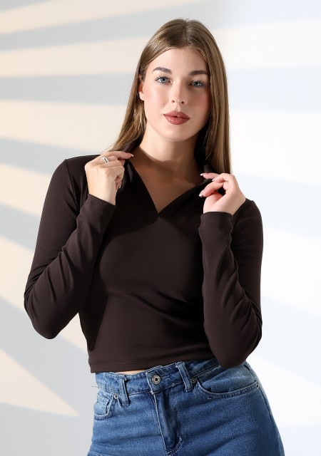 Düğmesiz Gömlek Yaka Uzun Kol Basic Kadın T-Shirt 21938 KAHVE