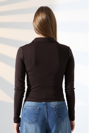 Düğmesiz Gömlek Yaka Uzun Kol Basic Kadın T-Shirt 21938 KAHVE
