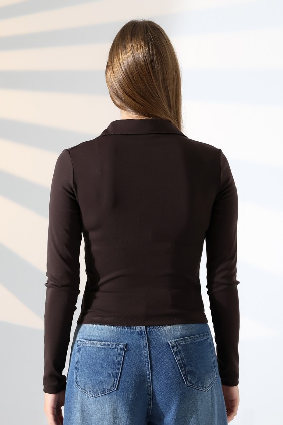 Düğmesiz Gömlek Yaka Uzun Kol Basic Kadın T-Shirt 21938 KAHVE