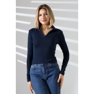Düğmesiz Gömlek Yaka Uzun Kol Basic Kadın T-Shirt 21938 LACİVERT